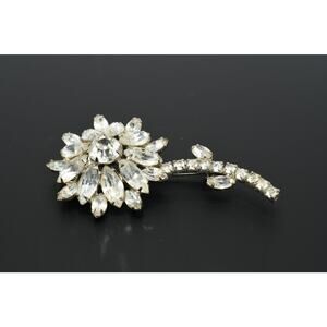 Vintage Clear Rhinestone Flower Brooch 3" Prong Set Silver Tone Pin